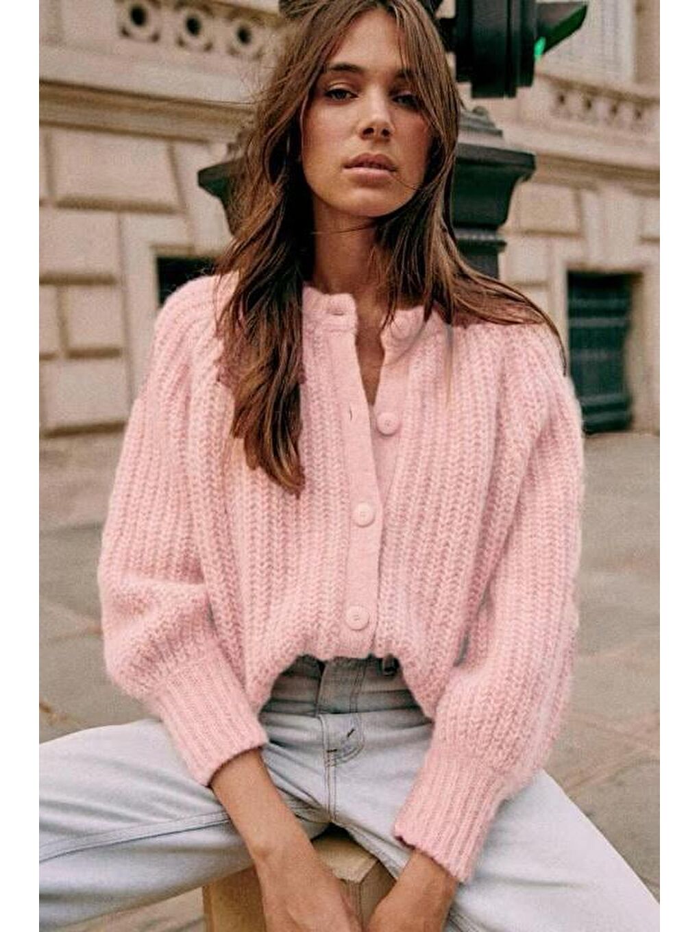 Pembe Bisiklet Yaka Selanik Örgü Düğmeli Kadın Hırka Mg2487-2