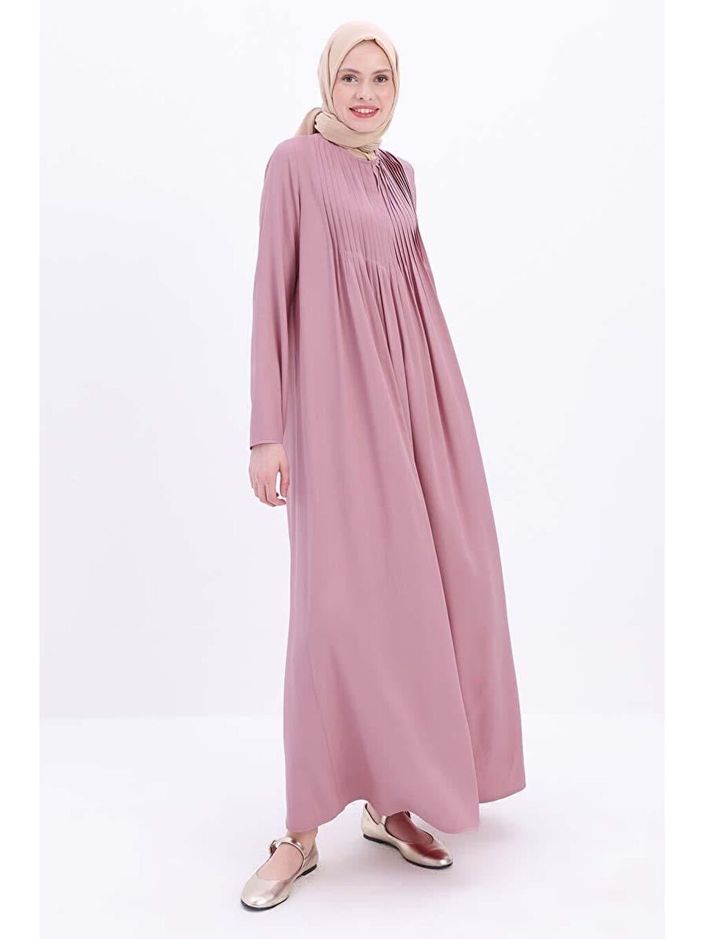 Pembe Açık Gül-Pileli Viskon Elbise