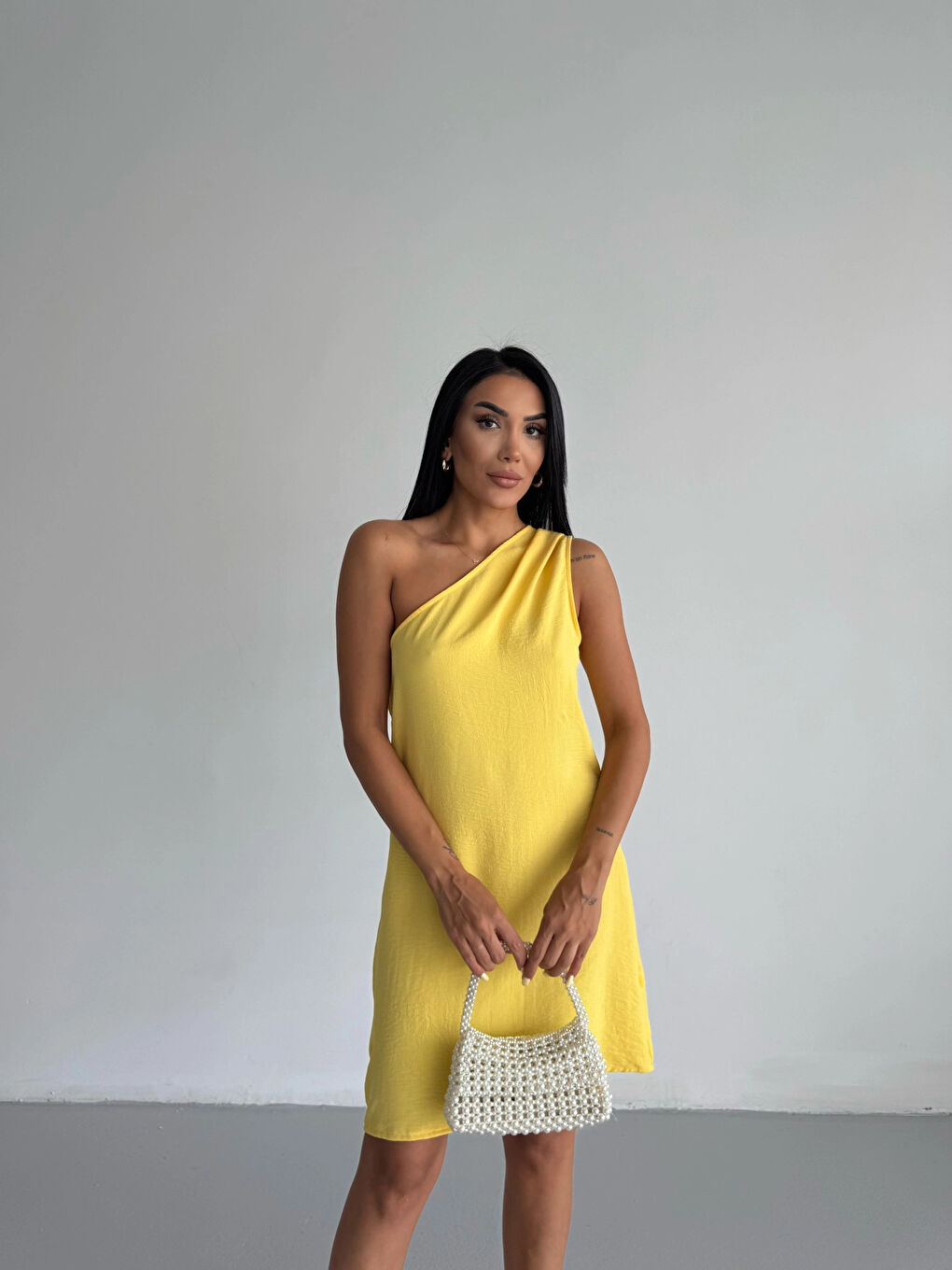 Kadın Sarı Tek Omuz Mini Elbise HZL25S-FRY121791-1