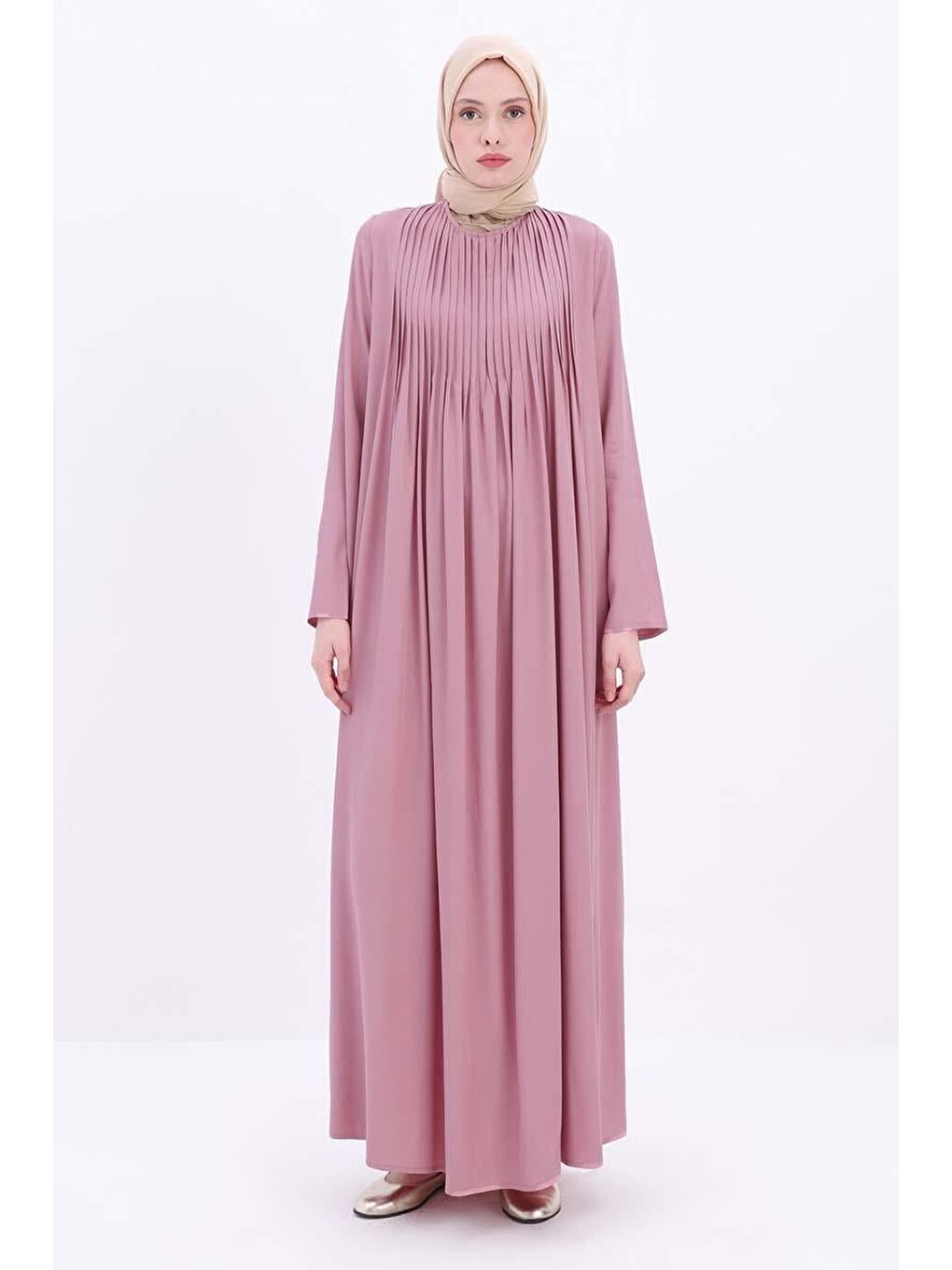 Pembe Açık Gül-Pileli Viskon Elbise-1