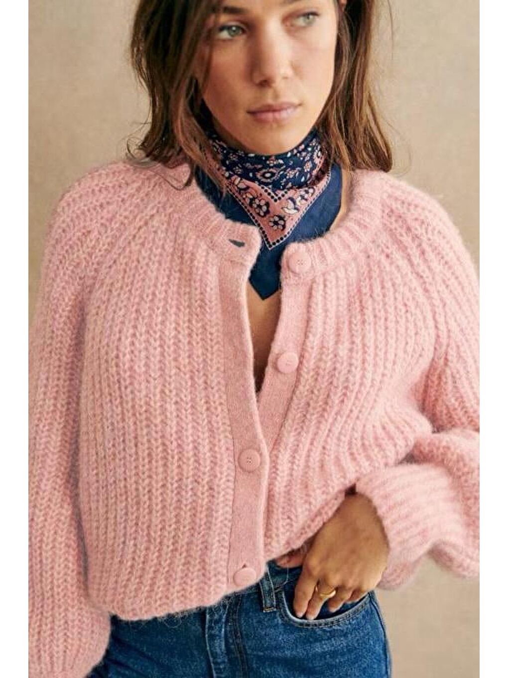 Pembe Bisiklet Yaka Selanik Örgü Düğmeli Kadın Hırka Mg2487-3