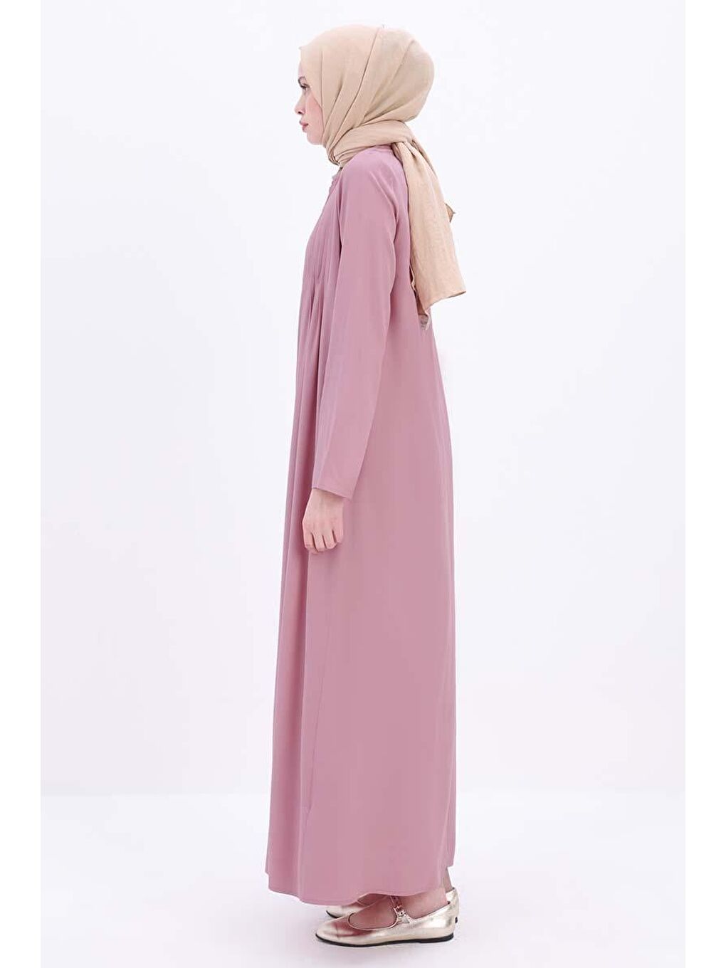 Pembe Açık Gül-Pileli Viskon Elbise-2