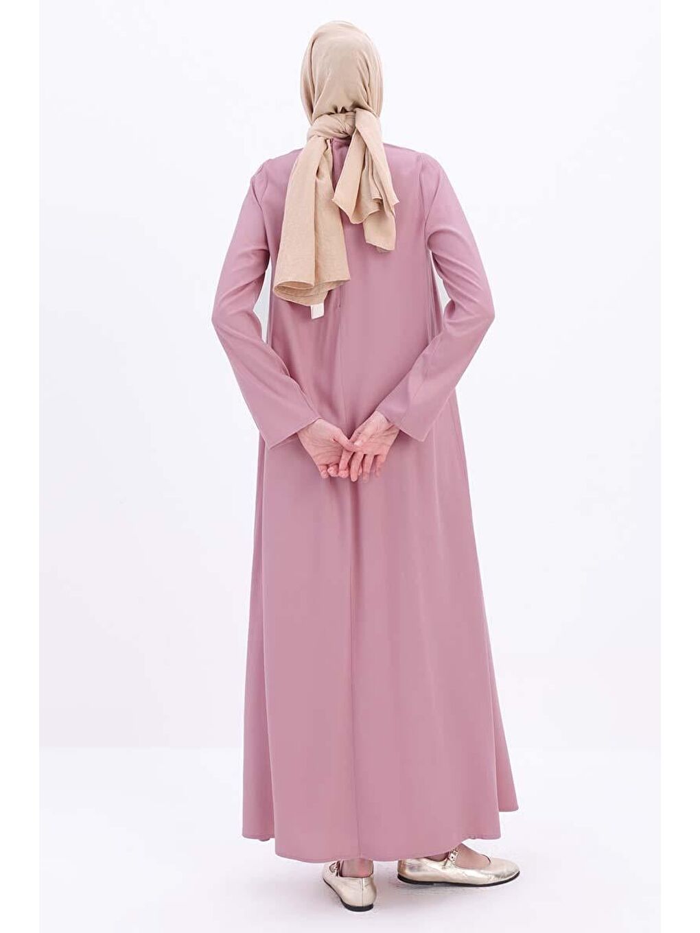 Pembe Açık Gül-Pileli Viskon Elbise-3