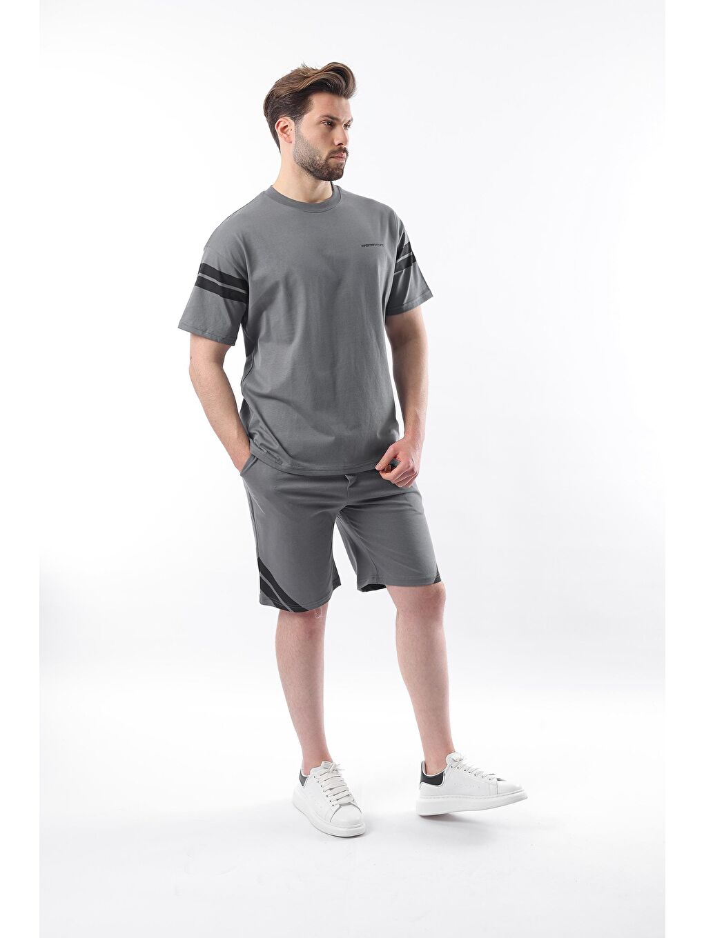 Gri Füme Şerit Detaylı Erkek Şort Tişört %100 Pamuk Takım E7301