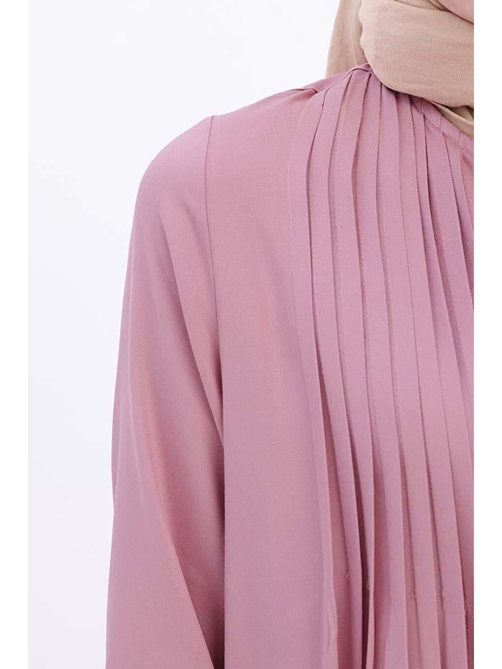 Pembe Açık Gül-Pileli Viskon Elbise-4