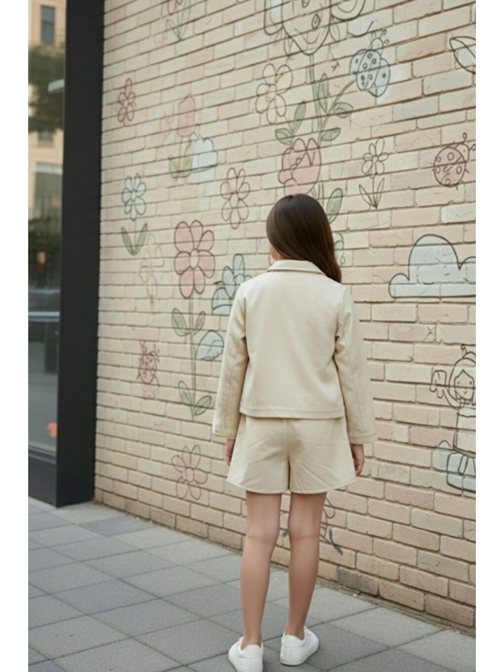 Ekru Kız Çocuk Gül Detaylı Ceketli Penyeli Şortlu Üçlü Takım-3