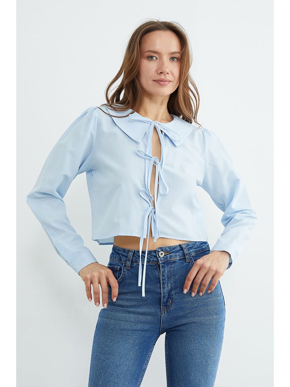 Mavi Önden Bağlamalı Bebe Yaka Crop Bluz-2