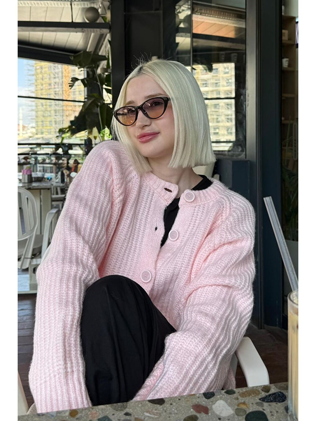 Pembe Bisiklet Yaka Selanik Örgü Düğmeli Kadın Hırka Mg2487-4