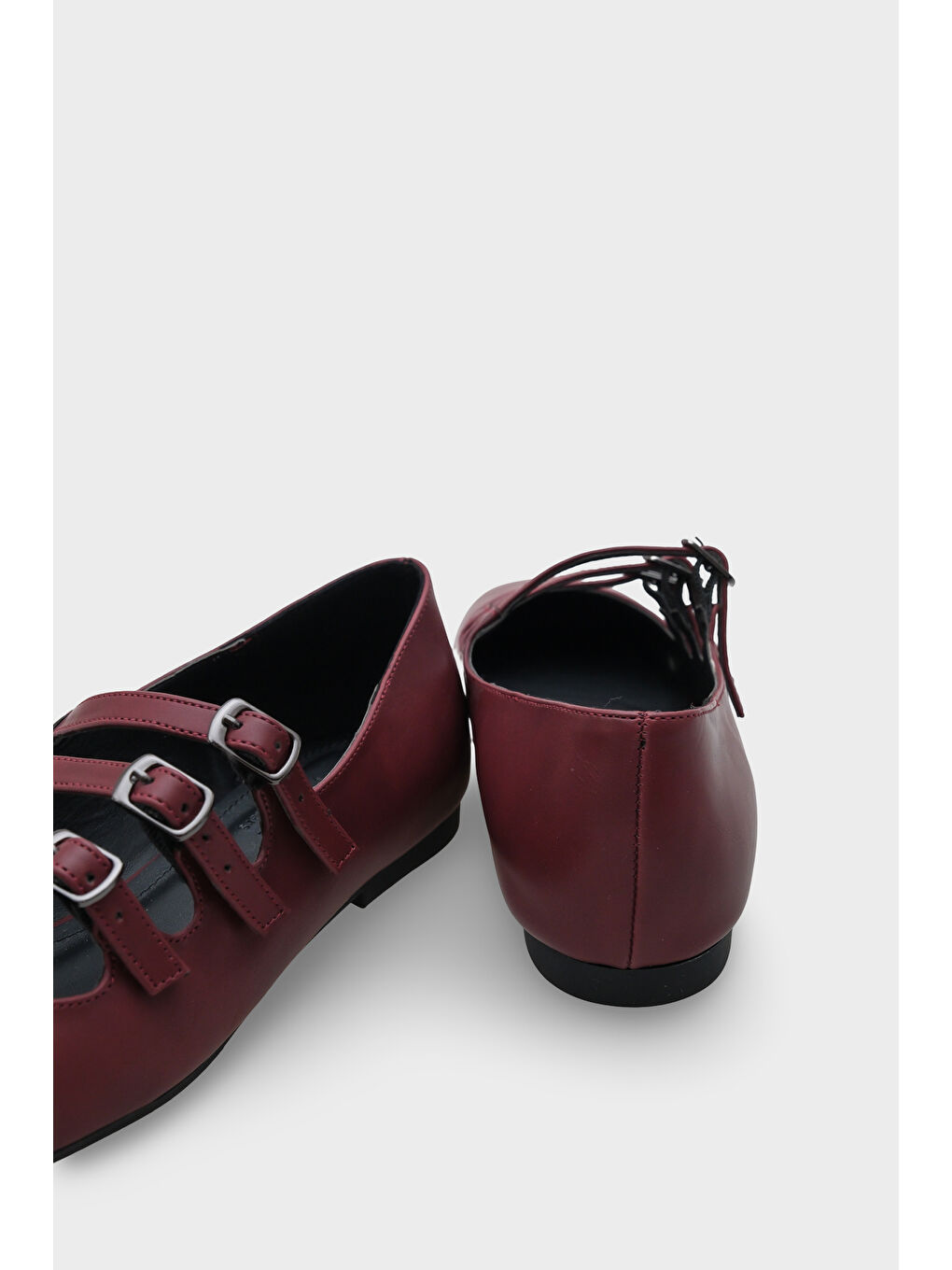 Bordo Marcelle Küt Burunlu Üç Tokalı Bantlı Kadın Babet-4