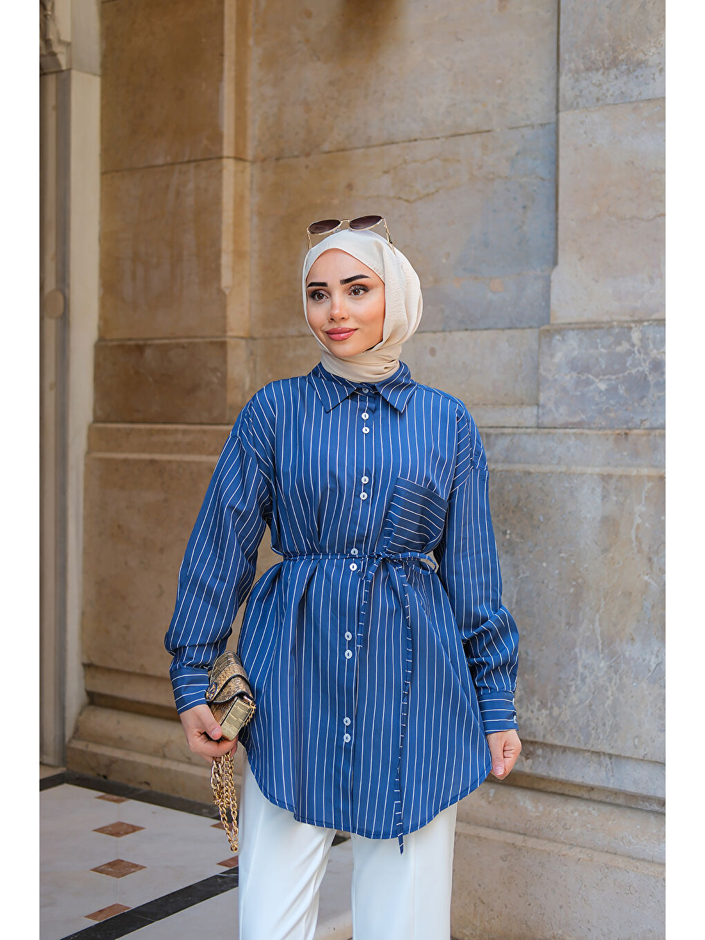 Kadın Çizgili Gömlek Lacivert