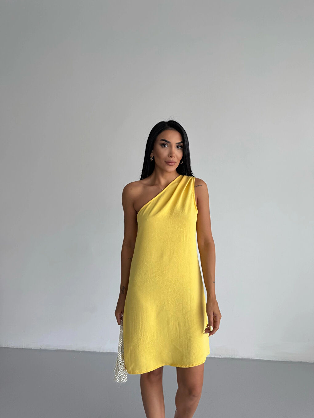 Kadın Sarı Tek Omuz Mini Elbise HZL25S-FRY121791-2