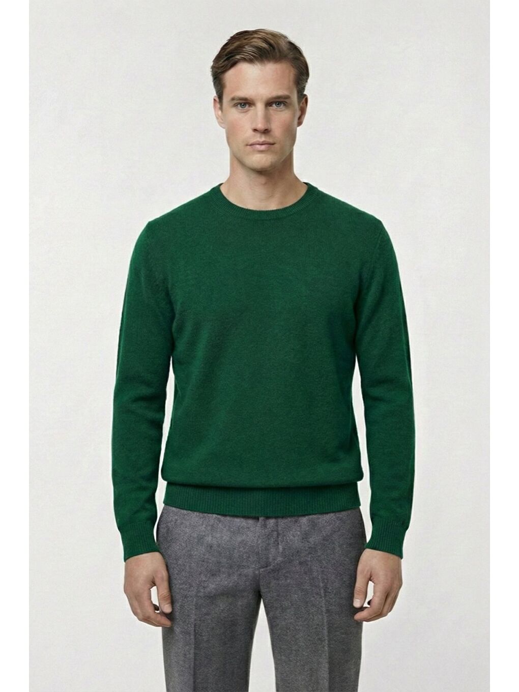 Yeşil Standart Fit Yün Karışımlı Bisiklet Yaka Düz Erkek Triko Kazak