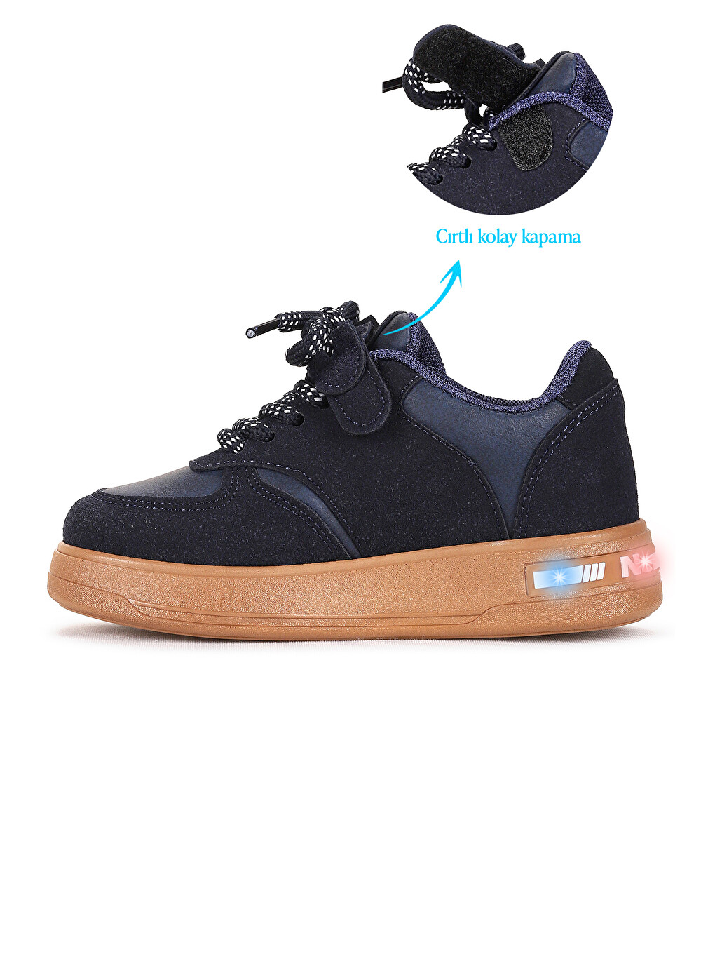 Lacivert Lacer Cırtlı Bağcıklı Işıklı Erkek Çocuk Spor Ayakkabı-5