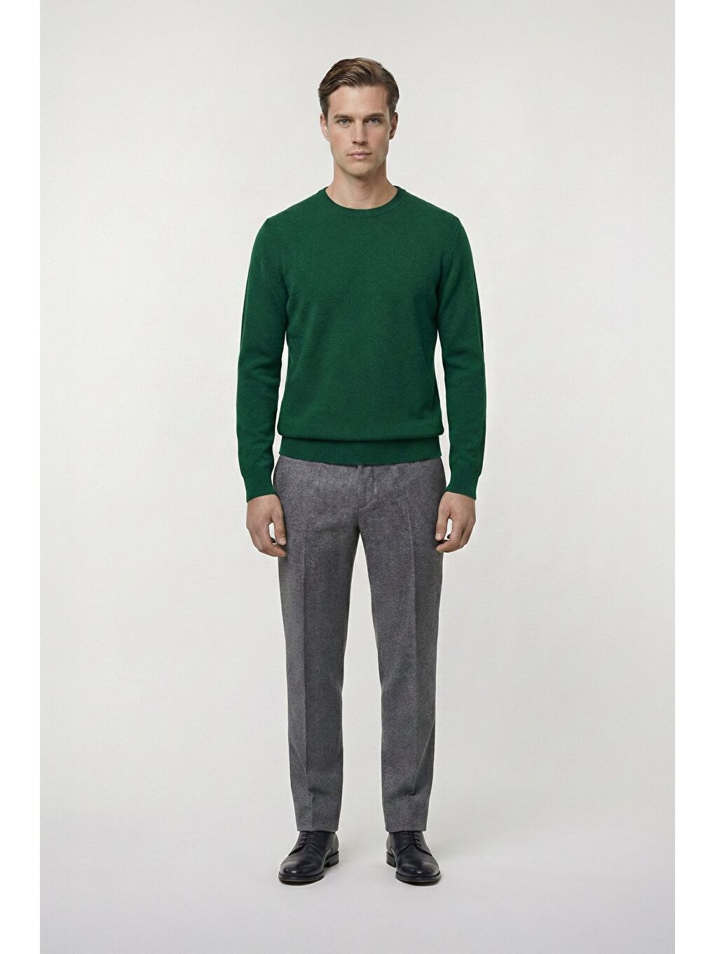 Yeşil Standart Fit Yün Karışımlı Bisiklet Yaka Düz Erkek Triko Kazak-1