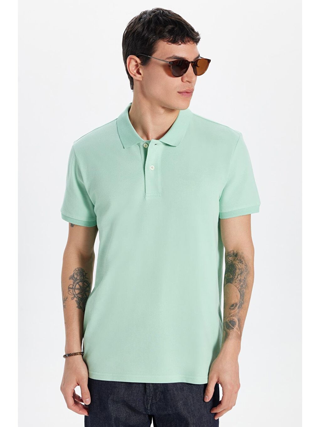 Erkek Slim Fit Dar Kesim %100 Pamuk Yeşil Polo Yaka Tişört-3