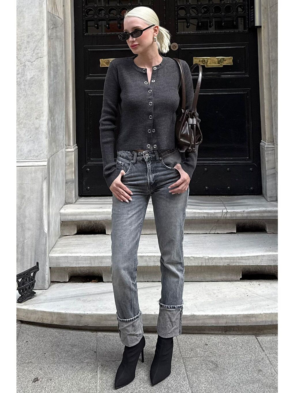 Antrasit Çıt Kapamalı Triko Kadın Hırka Mg2579-2