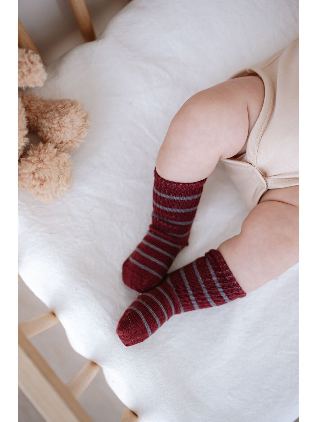 Bej 5li Organik Pamuk Kaydırmaz Tabanlı Çizgili Soket Çorap Seti-6