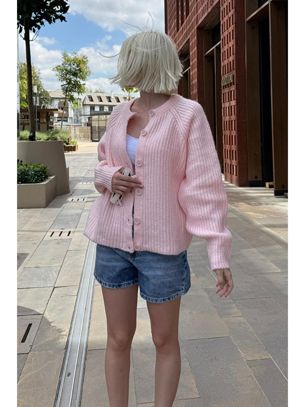 Pembe Bisiklet Yaka Selanik Örgü Düğmeli Kadın Hırka Mg2487-6