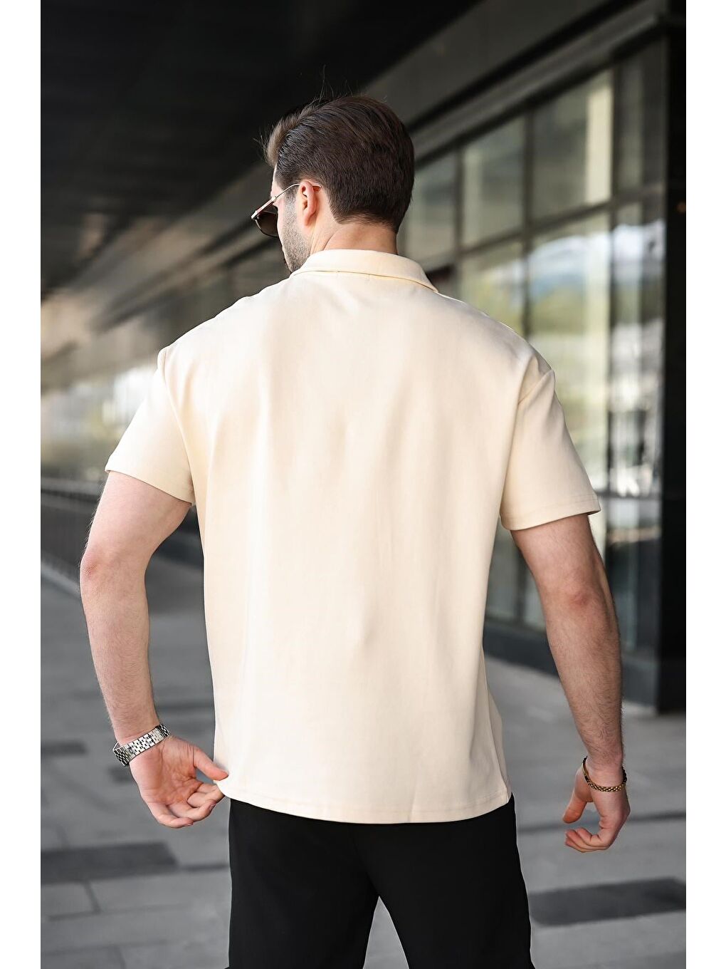 Bej Yarım Fermuar Detaylı Polo Yaka Erkek Tişört E7184-2