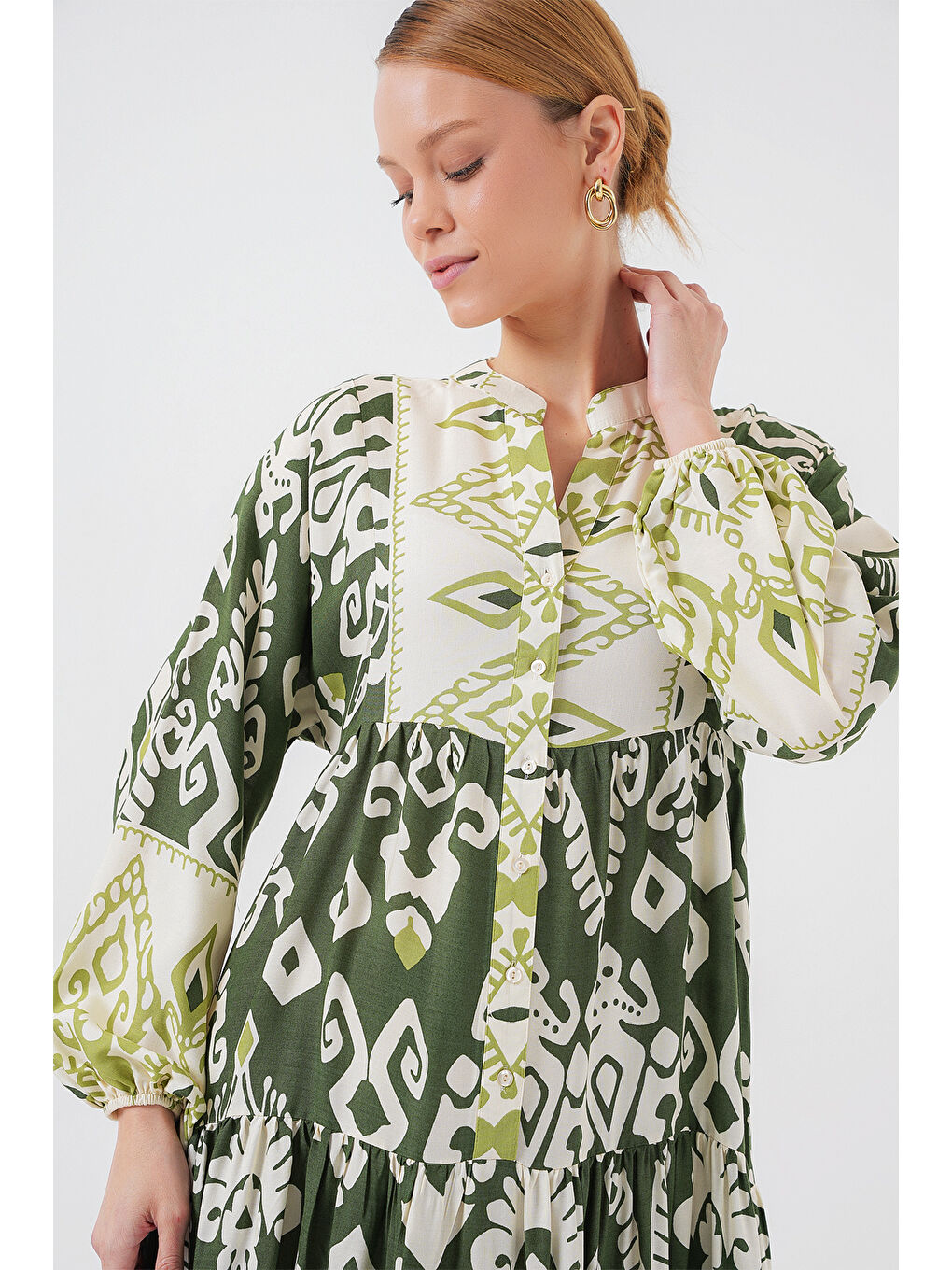 2423 Otantik Desenli Tesettür Elbise - B. Haki-2