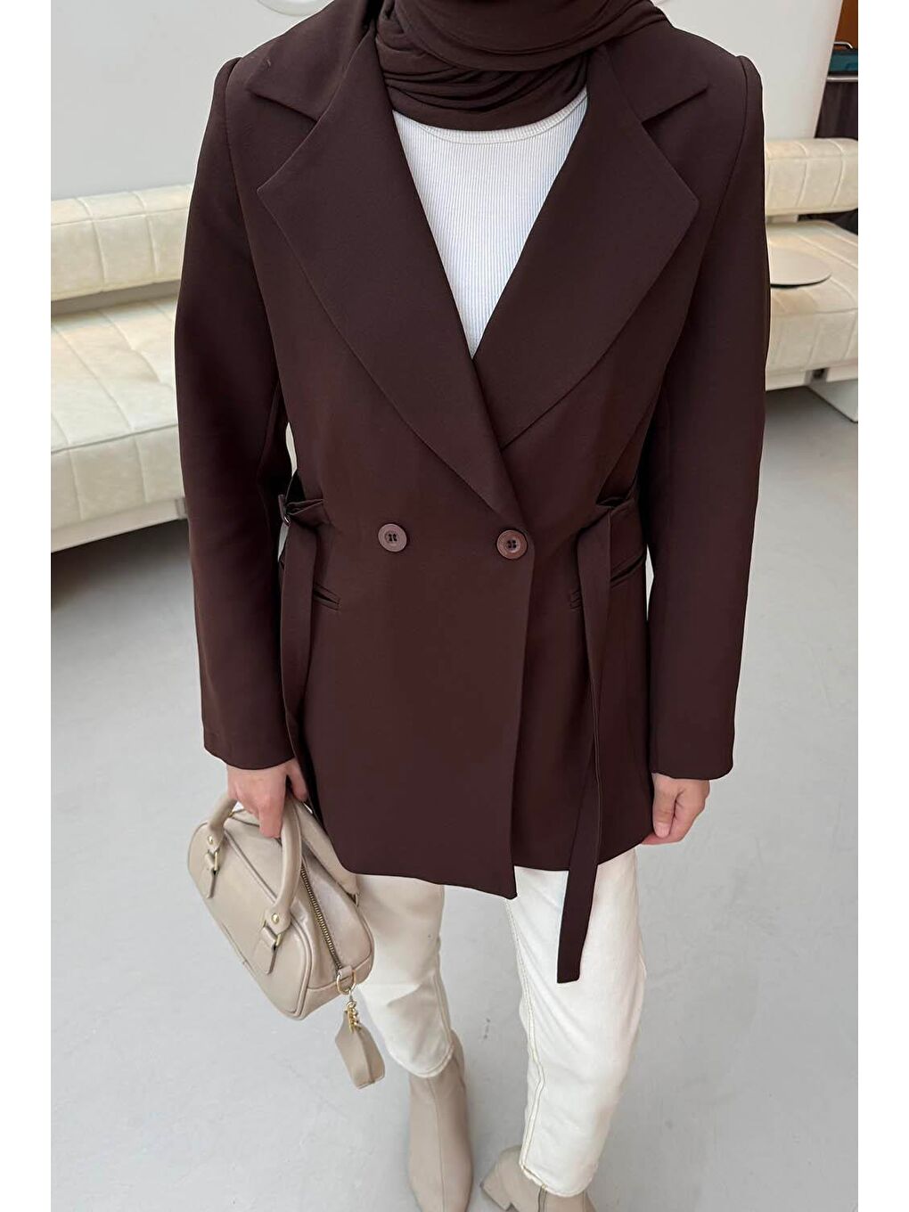 Bağlama Detaylı Ceket Acı Kahverengi-2