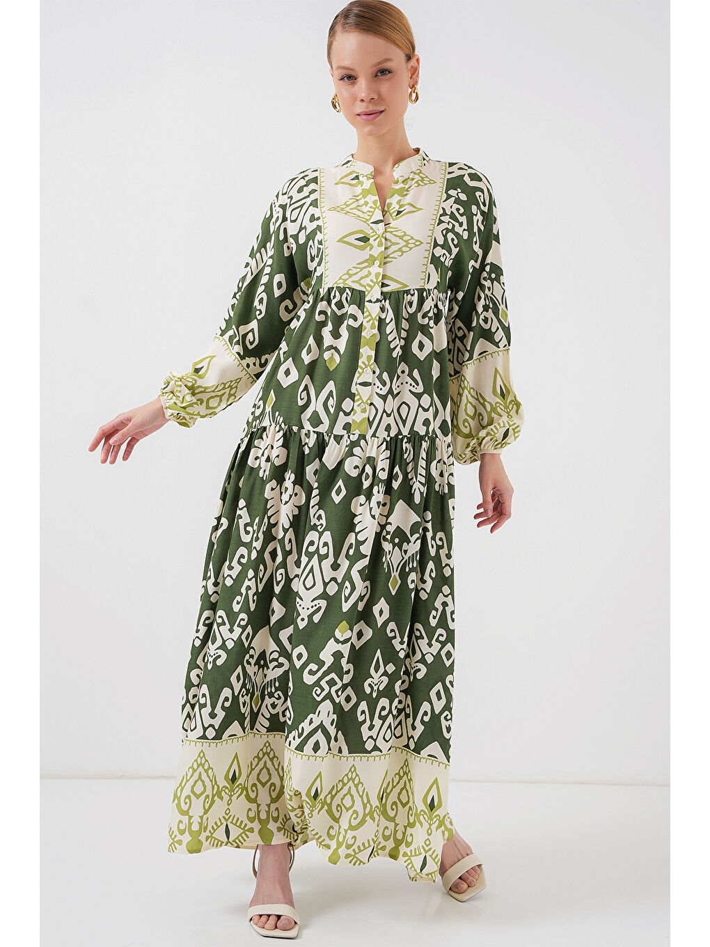 2423 Otantik Desenli Tesettür Elbise - B. Haki-3