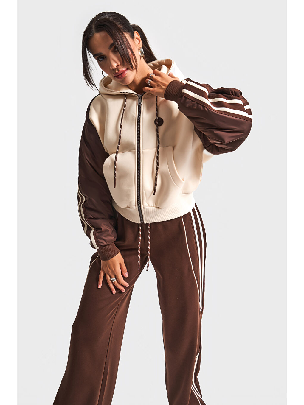 Kahverengi Kadın Bej Kahve Renk w5-16 Örme Kumaş Polar ve Eşofman 2'li Tasarım Kombin Takım-1