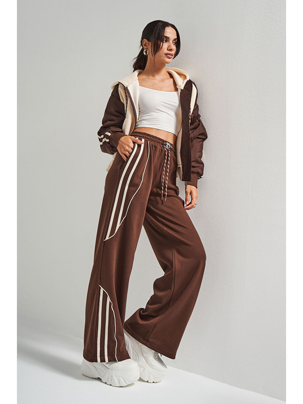 Kahverengi Kadın Bej Kahve Renk w5-16 Örme Kumaş Polar ve Eşofman 2'li Tasarım Kombin Takım-2