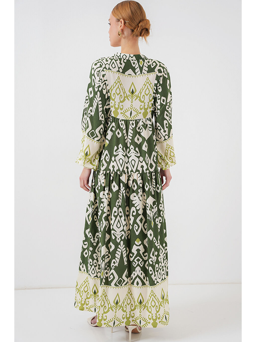 2423 Otantik Desenli Tesettür Elbise - B. Haki-5