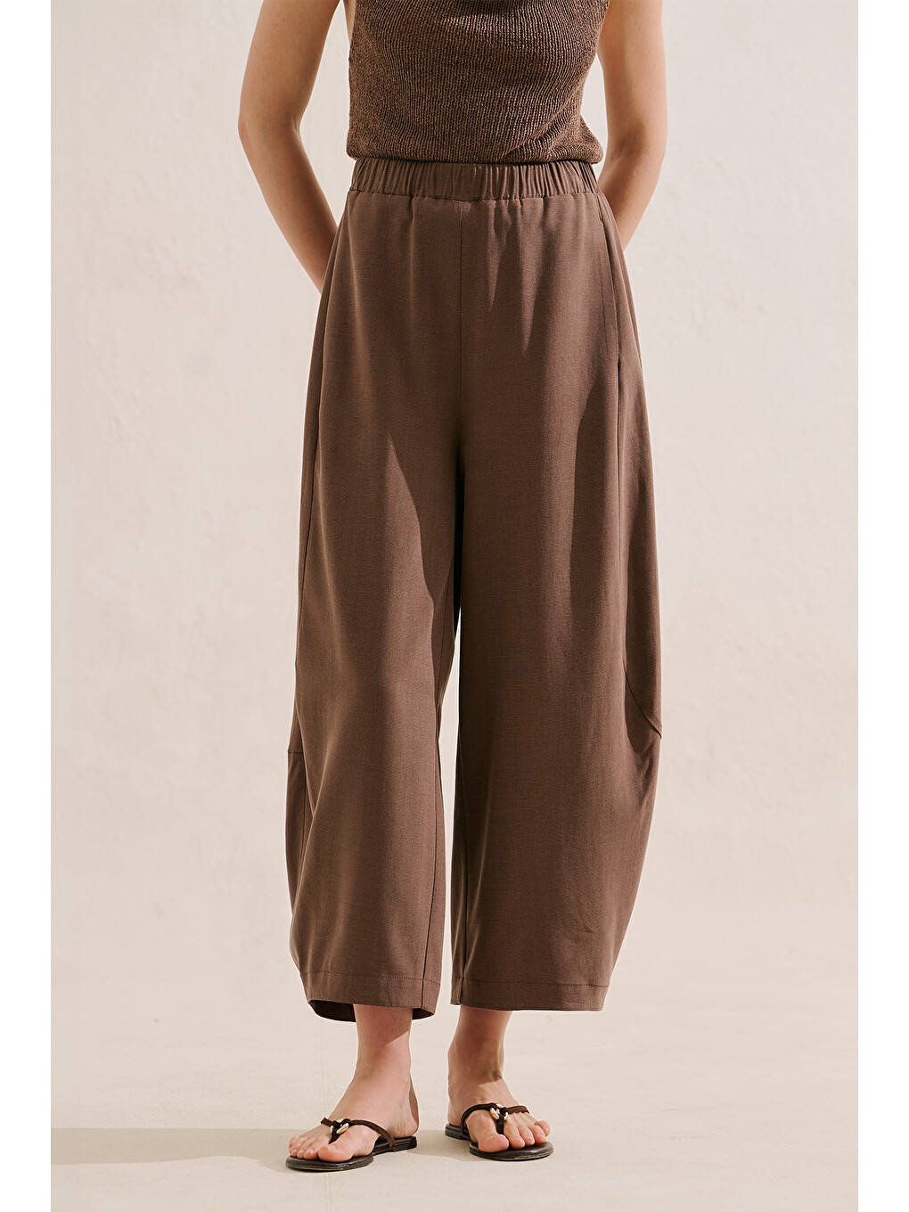 Keten Karışımlı Şalvar Pantolon Kahverengi-3