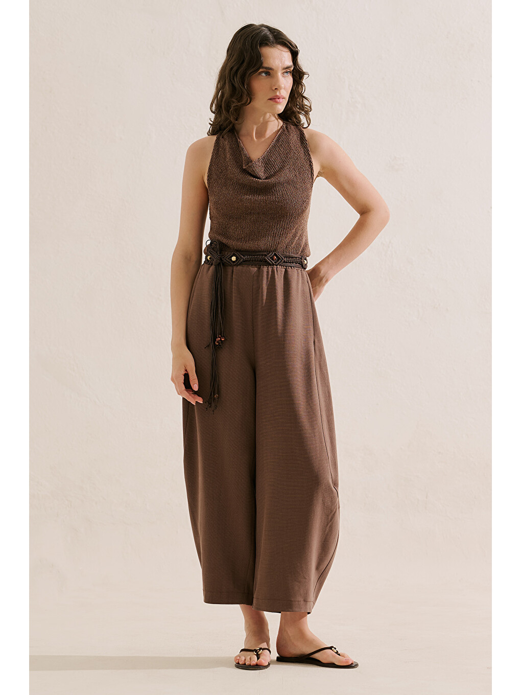 Keten Karışımlı Şalvar Pantolon Kahverengi-4