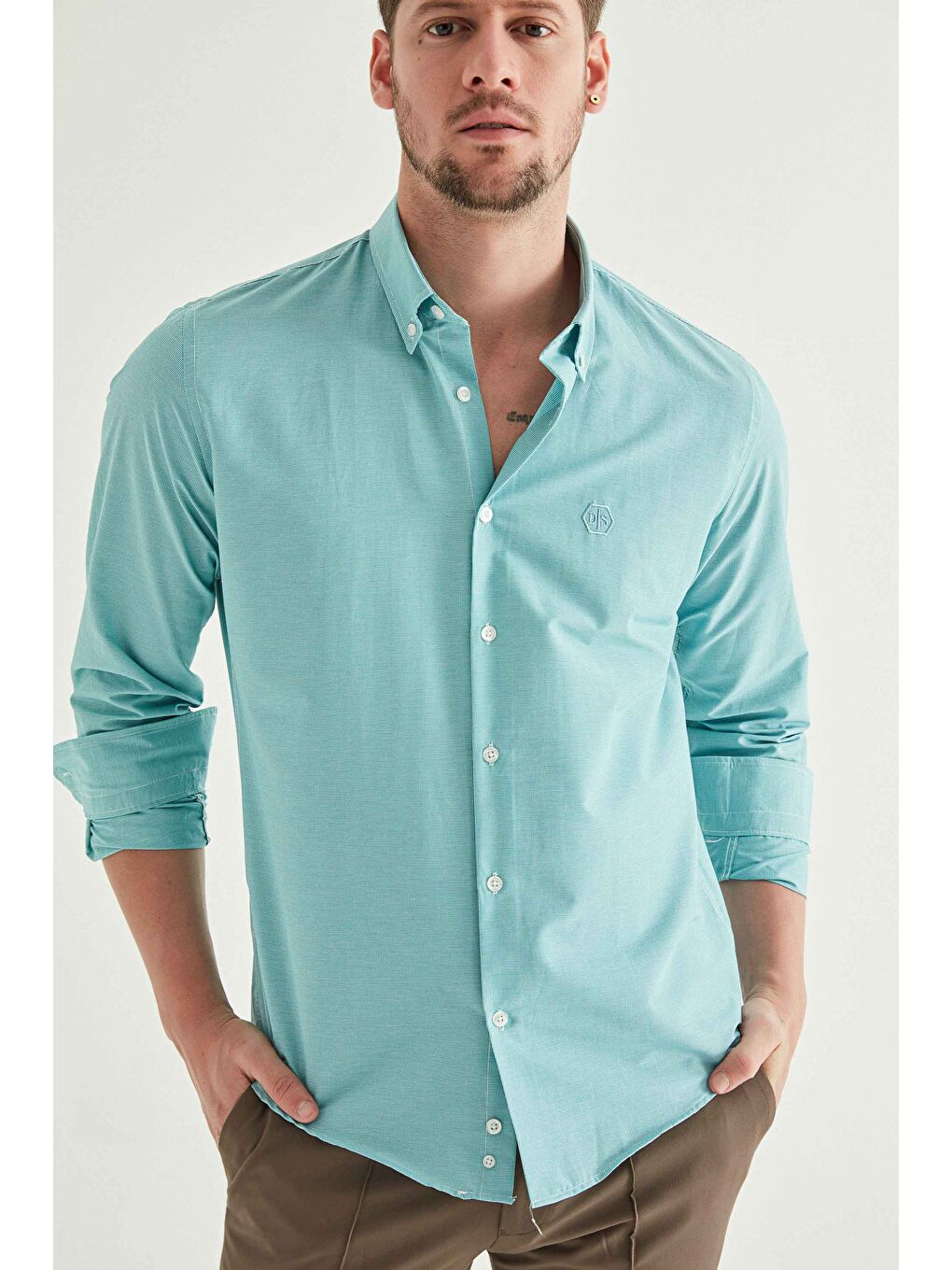 Slim Fit Yeşil Pötikare Gömlek-1