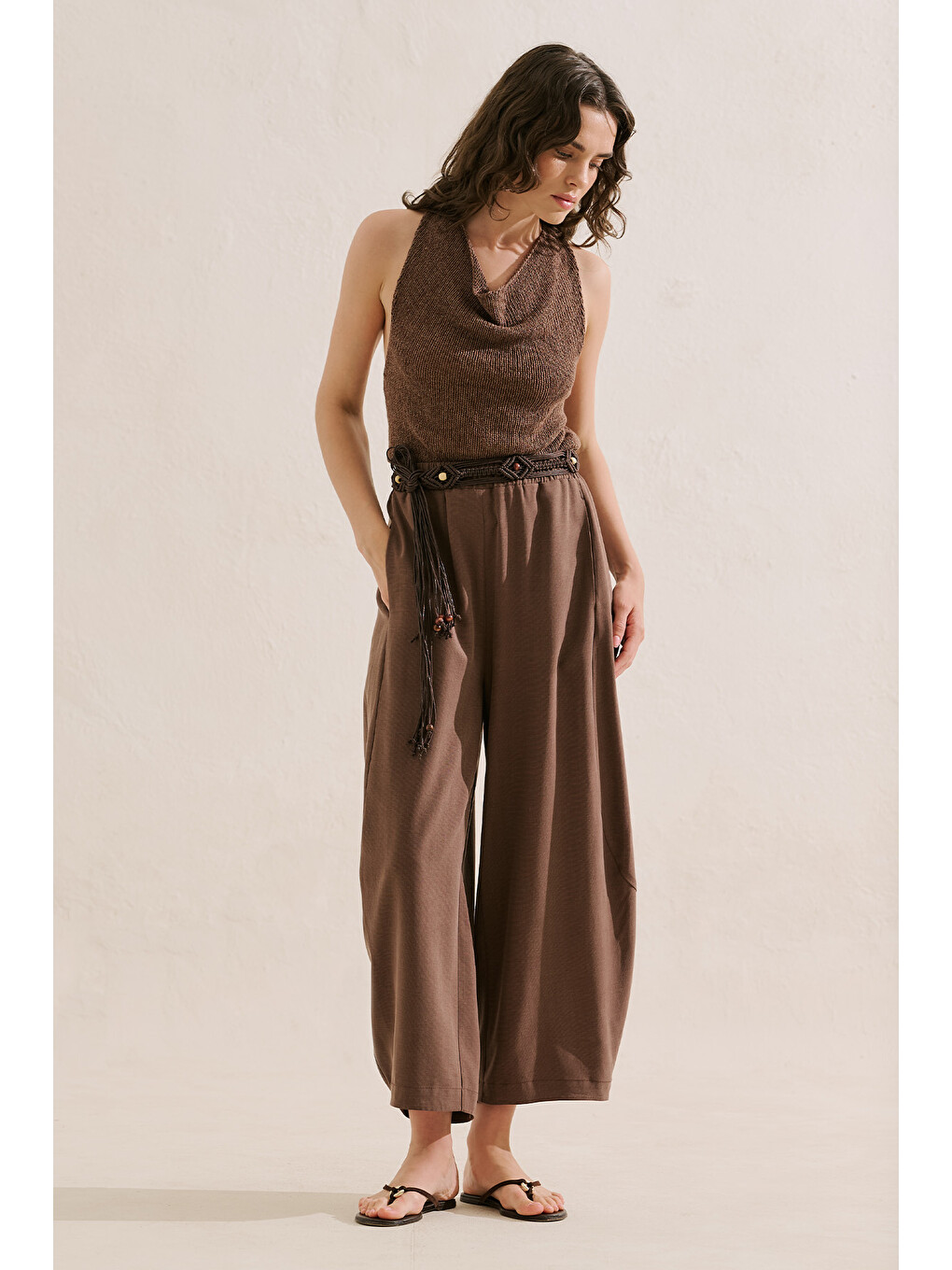 Keten Karışımlı Şalvar Pantolon Kahverengi-5