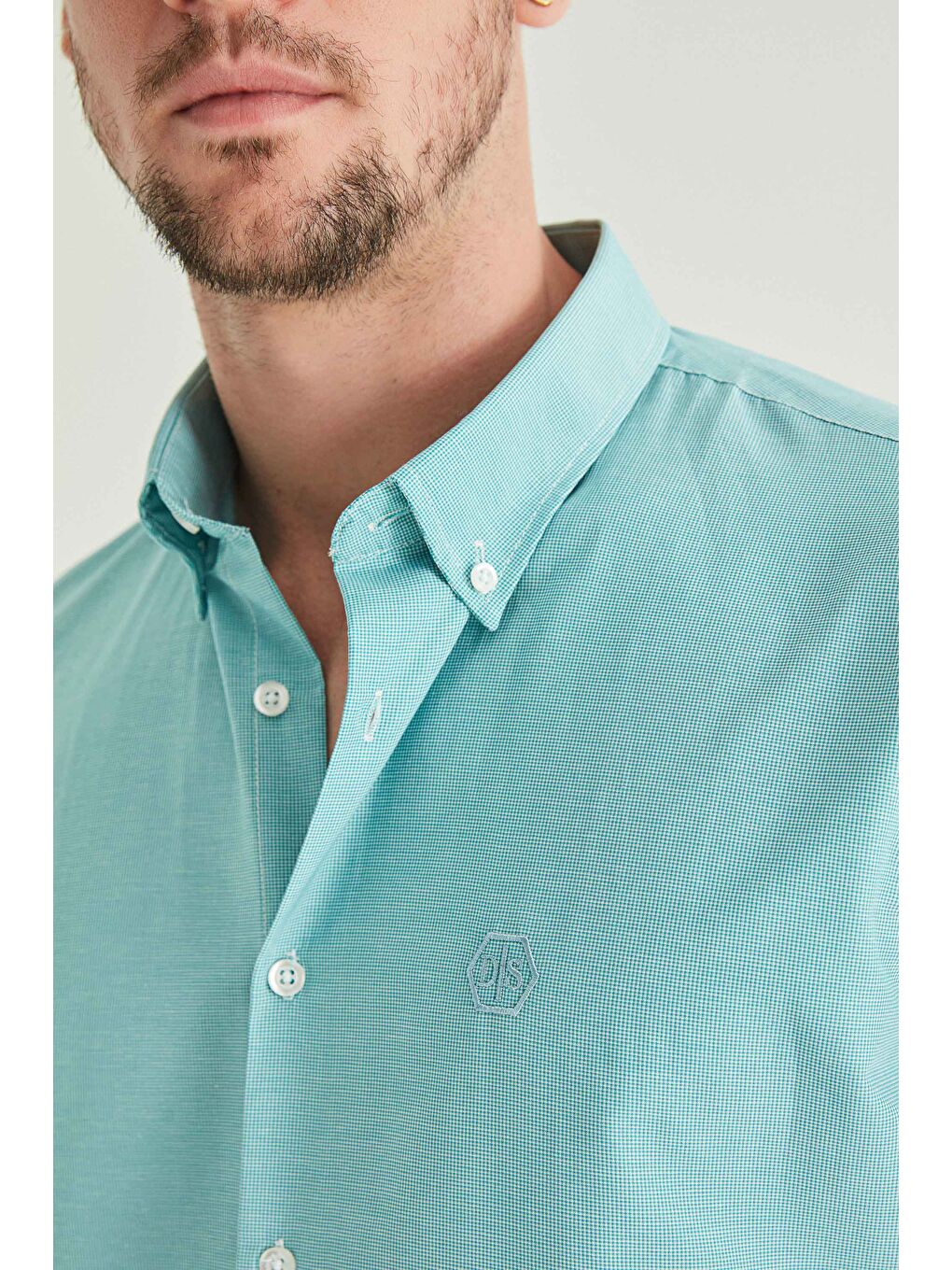 Slim Fit Yeşil Pötikare Gömlek-2