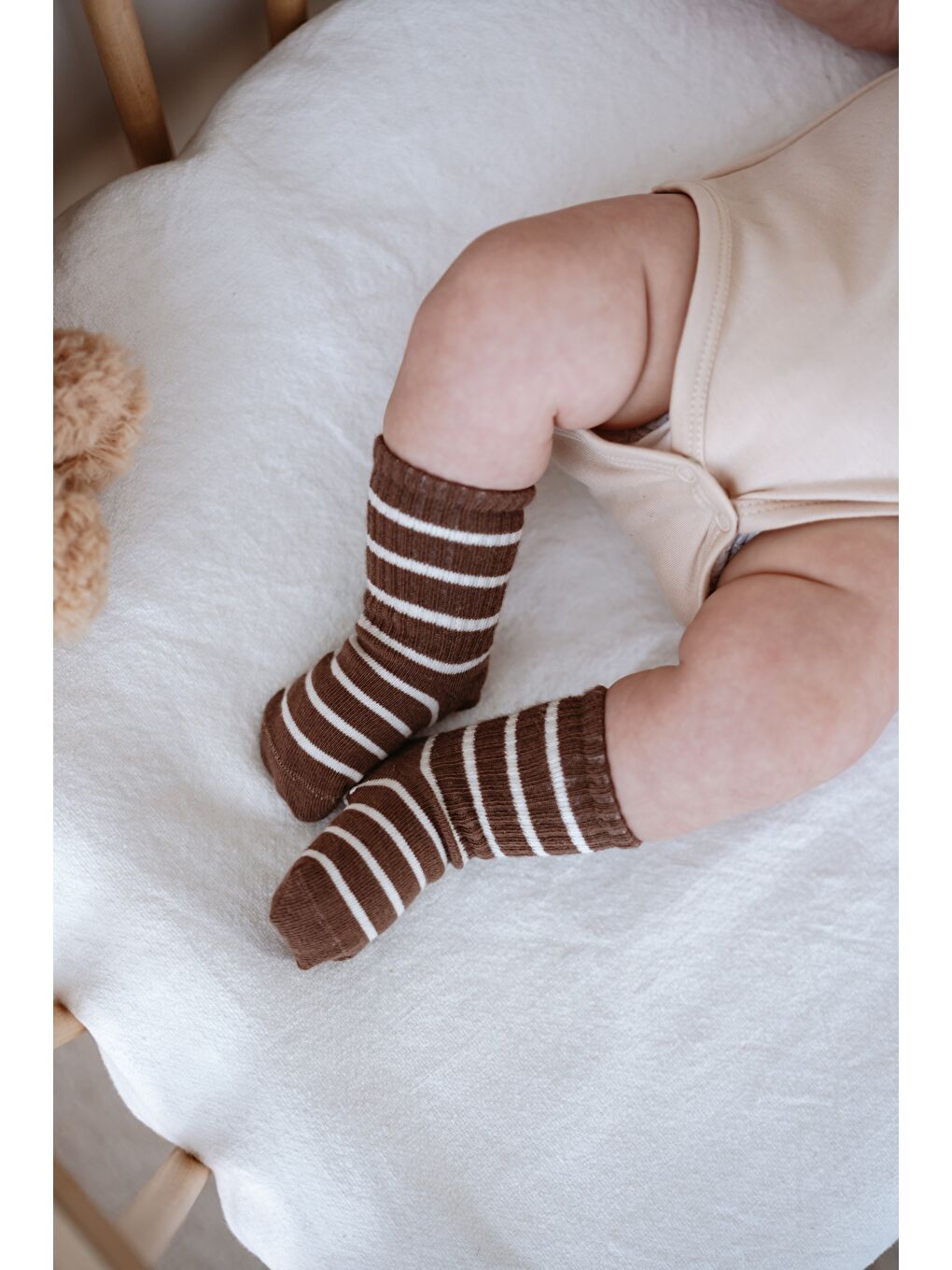 Bej 5li Organik Pamuk Kaydırmaz Tabanlı Çizgili Soket Çorap Seti-7