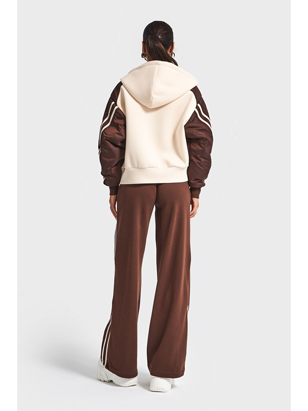 Kahverengi Kadın Bej Kahve Renk w5-16 Örme Kumaş Polar ve Eşofman 2'li Tasarım Kombin Takım-4