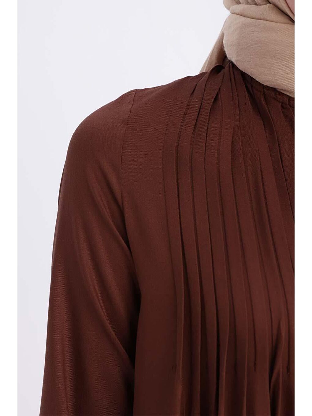 Kahverengi Kahve-Pileli Viskon Elbise-4