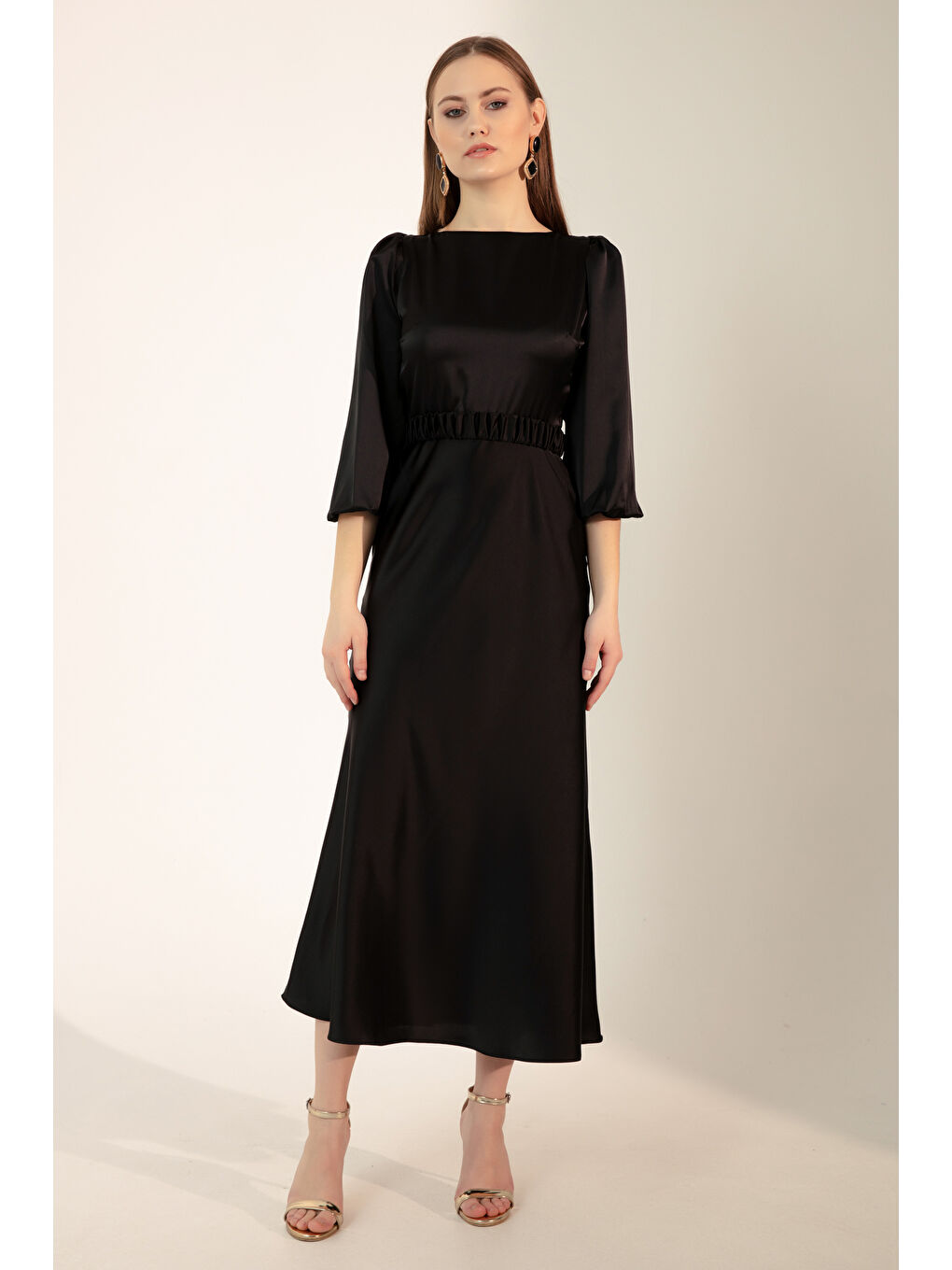 Kadın Siyah Uzun Balon Kollu Nişan Elbisesi-2