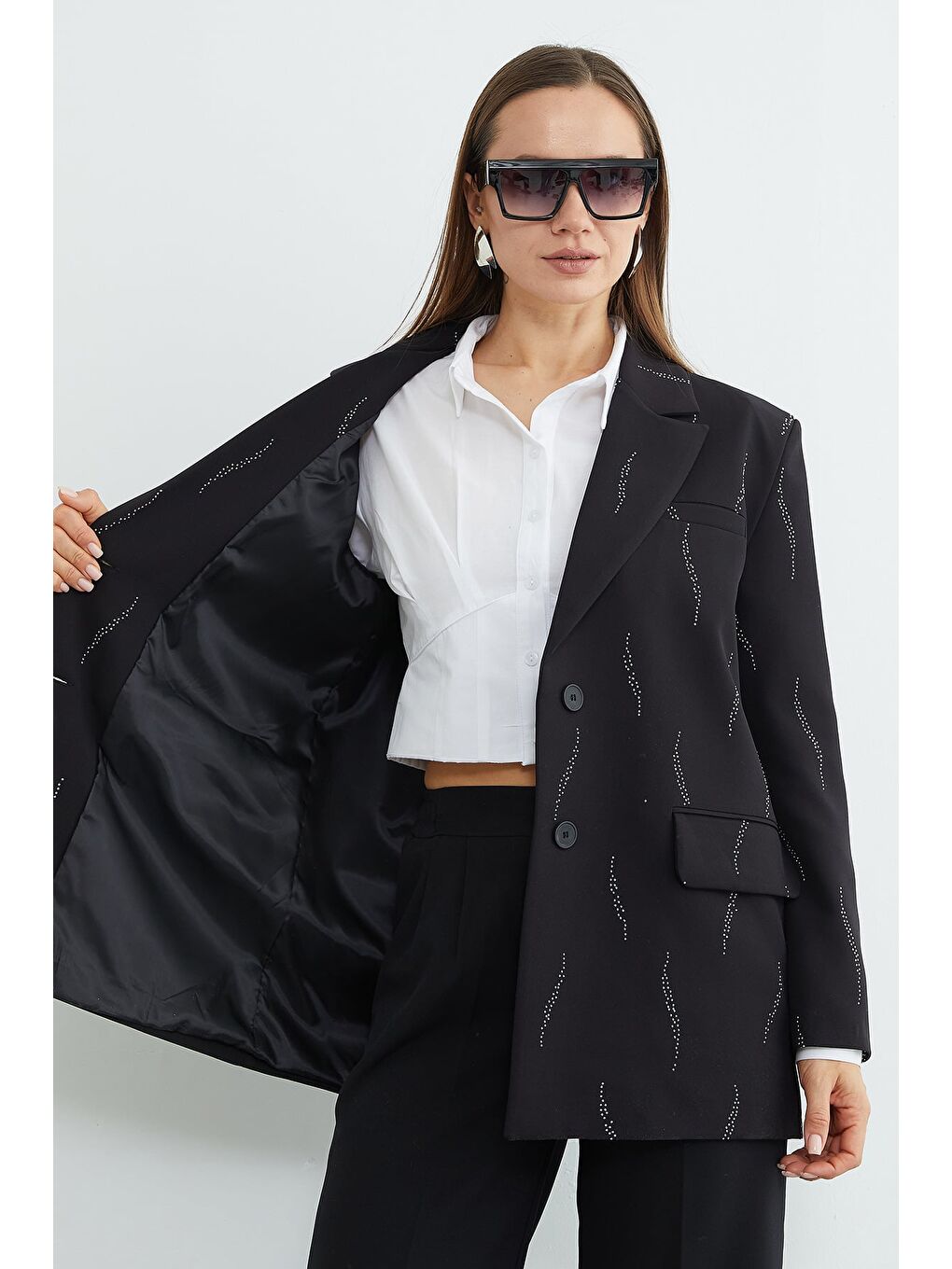Siyah Taş Detaylı Blazer Ceket-4
