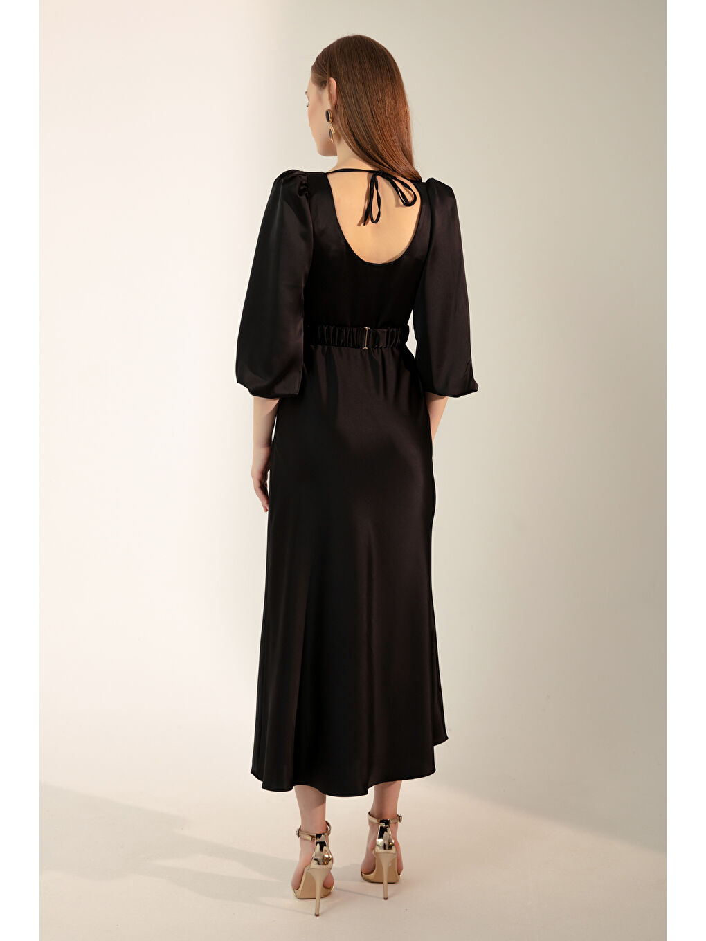 Kadın Siyah Uzun Balon Kollu Nişan Elbisesi-4