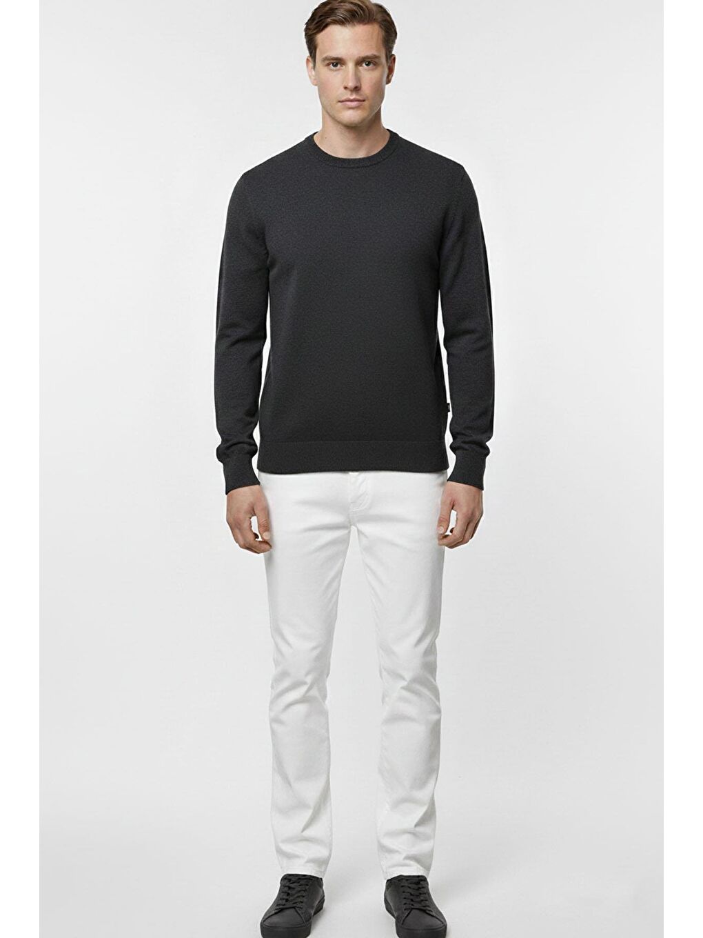 Gri Antrasit Regular Fit Pamuklu Bisiklet Yaka Erkek Triko Kazak-1