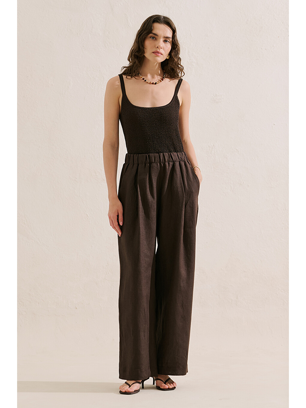 Kahverengi Keten Geniş Paça Pantolon Acıkahve-2