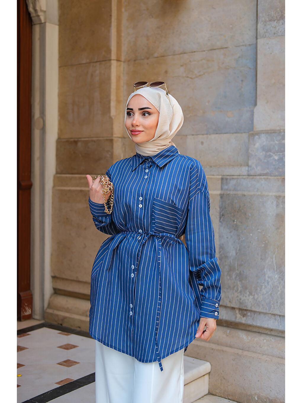Kadın Çizgili Gömlek Lacivert-1