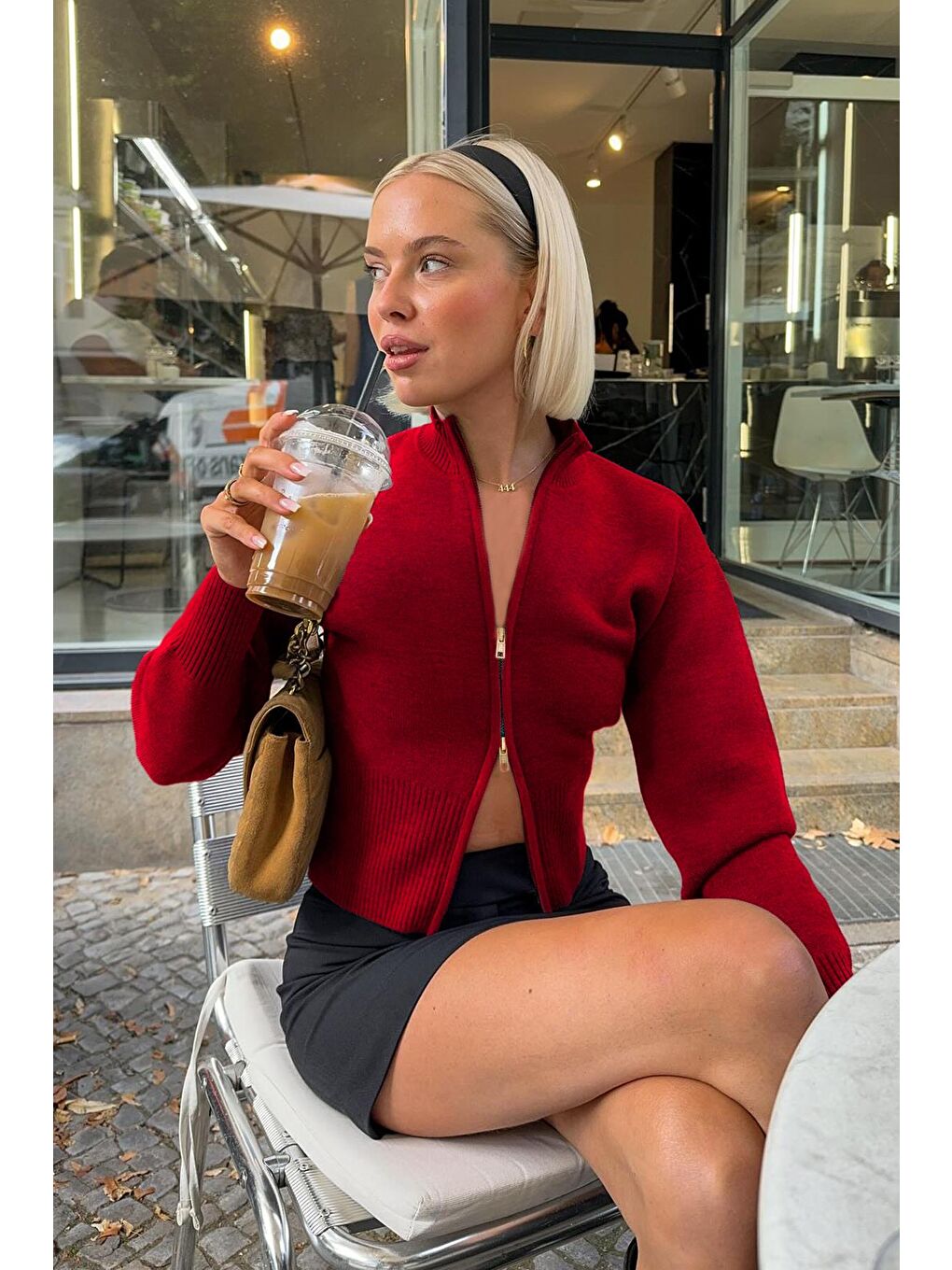 Kırmızı Çift Fermuarlı Dik Yaka Kadın Triko Hırka Mg2505-1