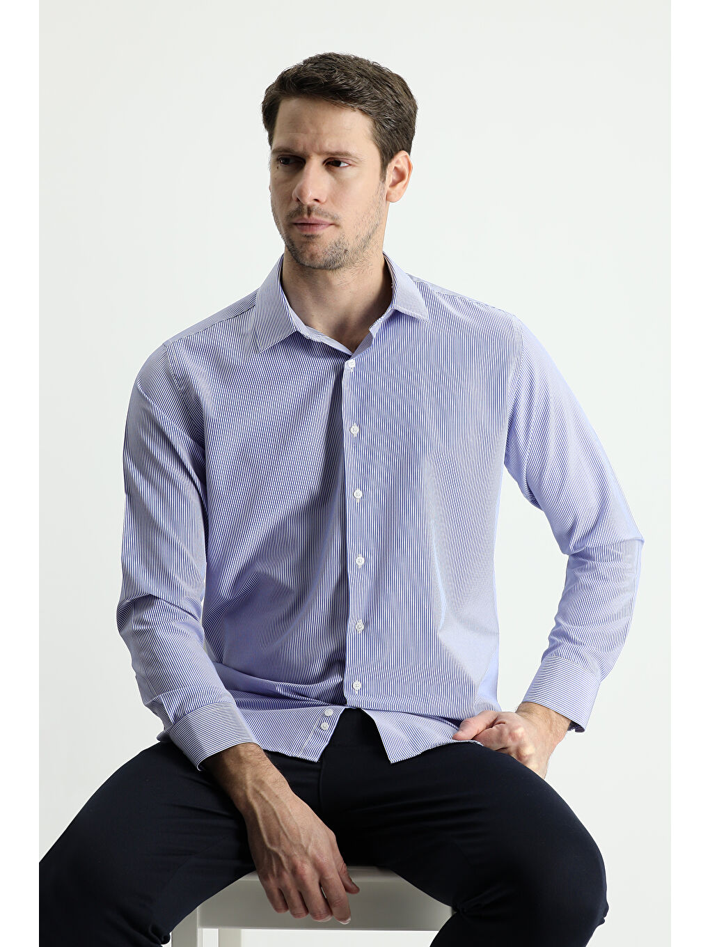 Mavi Uzun Kol Slim Fit Dar Kesim Çizgili Pamuklu Kolay Ütülenebilir Gömlek-1
