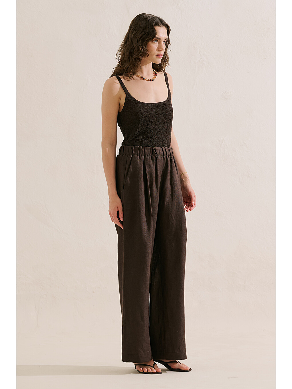 Kahverengi Keten Geniş Paça Pantolon Acıkahve-3