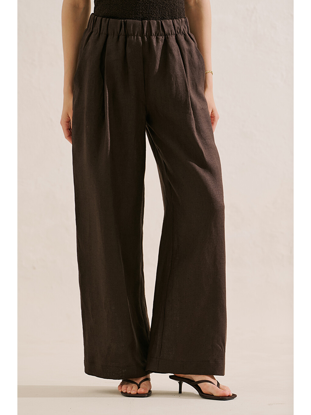 Kahverengi Keten Geniş Paça Pantolon Acıkahve-4