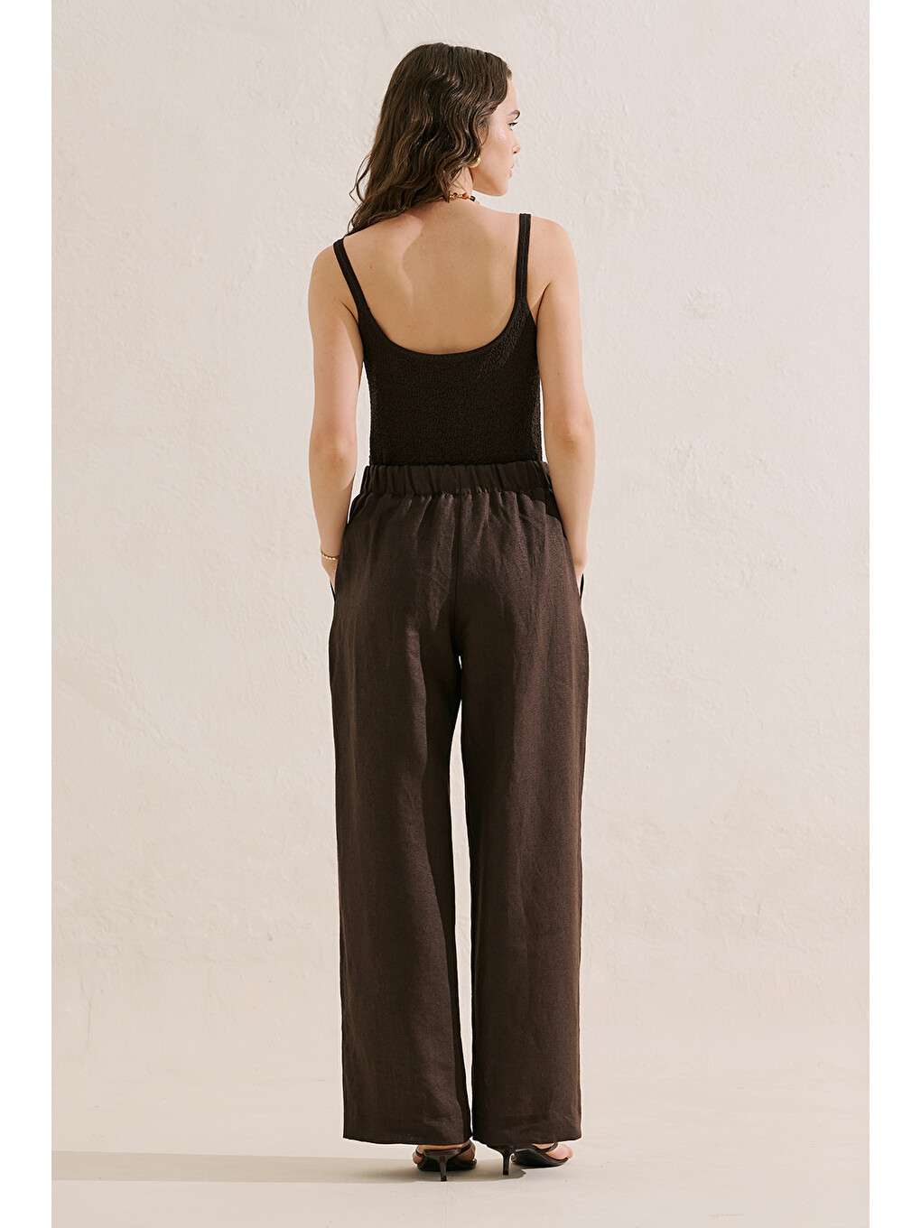 Kahverengi Keten Geniş Paça Pantolon Acıkahve-5