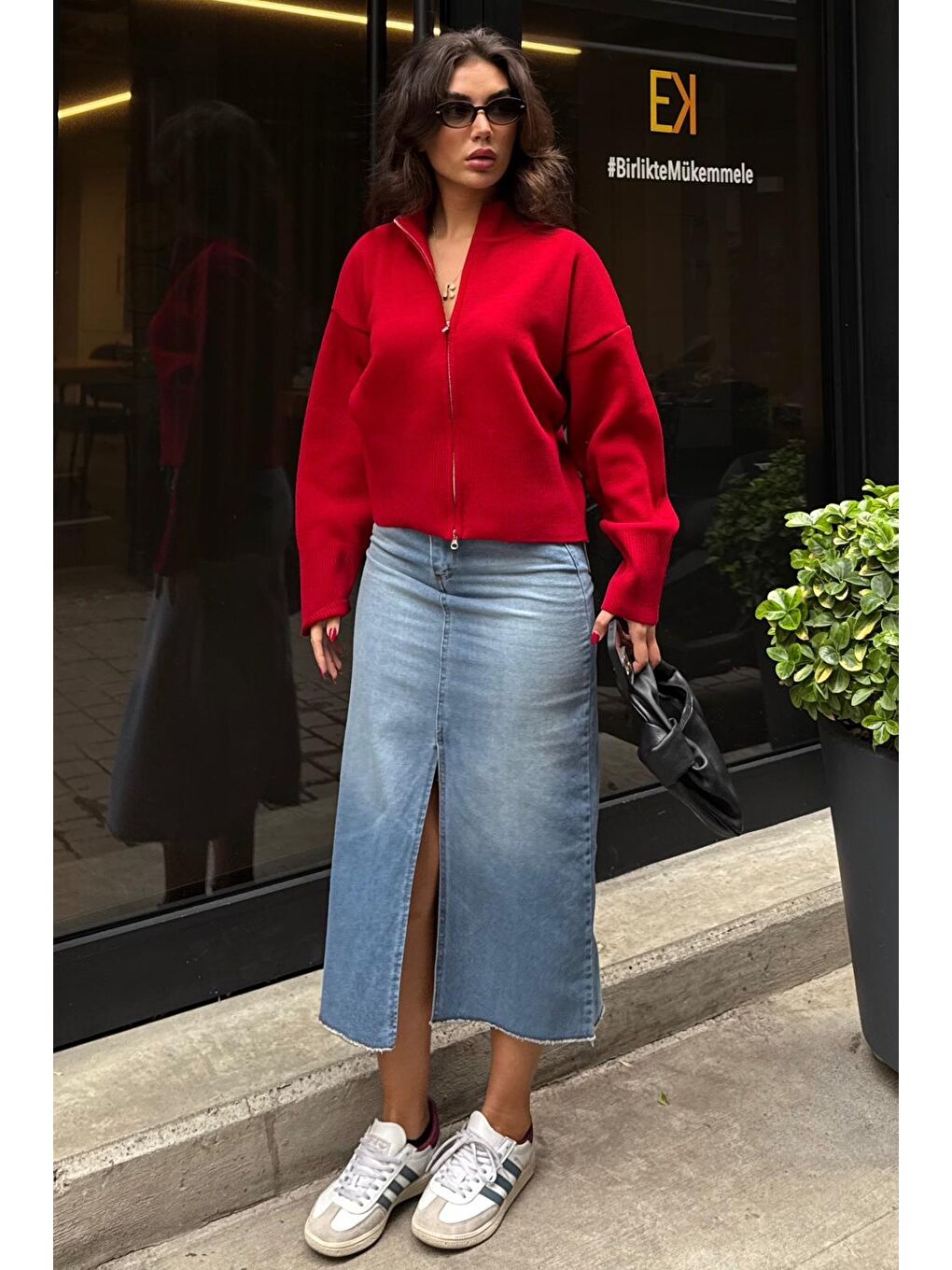 Kırmızı Çift Fermuarlı Dik Yaka Kadın Triko Hırka Mg2505-2