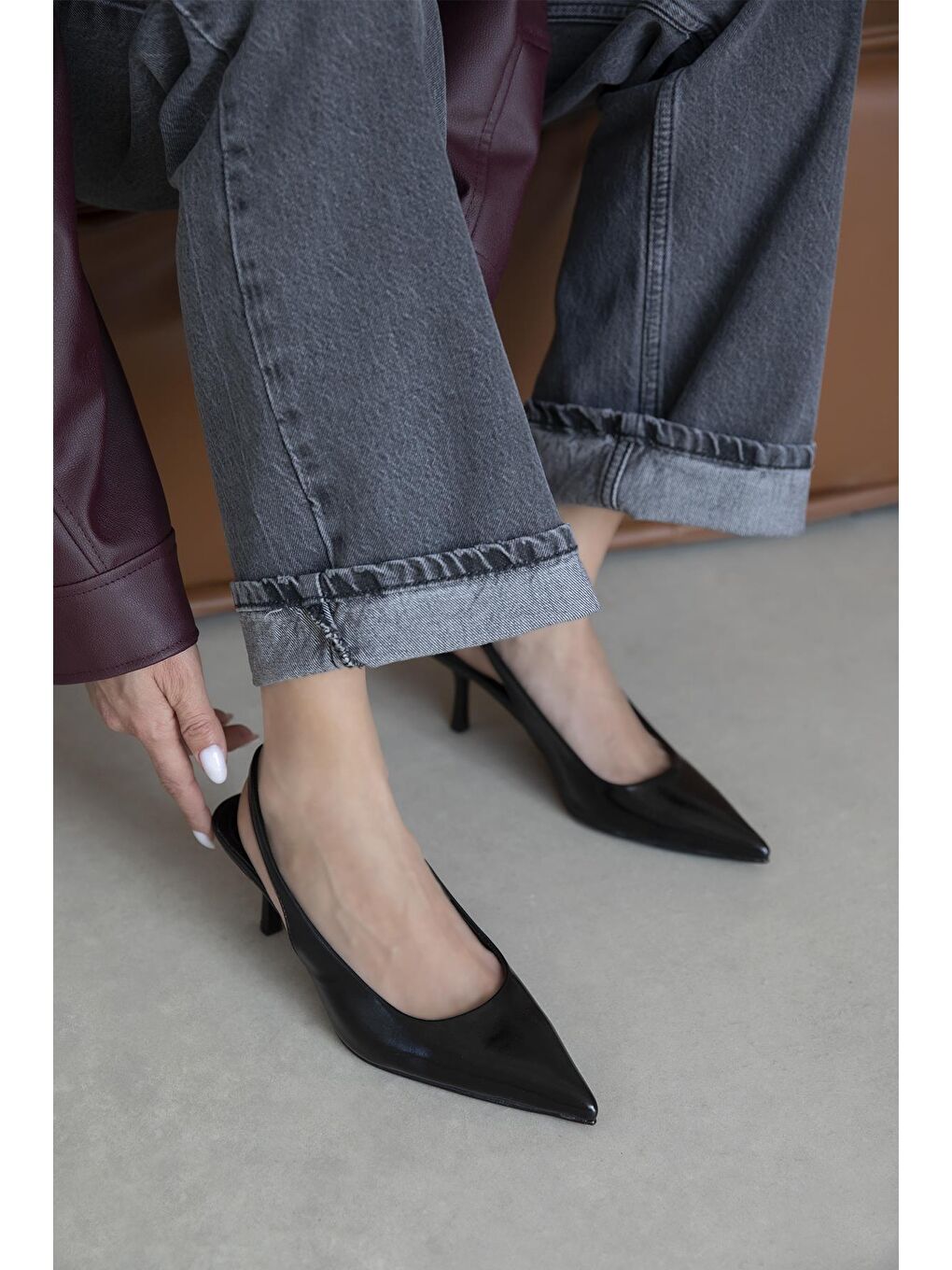 Raye Kadın Topuklu Kırışık Deri Ayakkabı Siyah